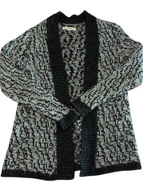 LOFT Black and Gray Open-Front Patterned Cardigan